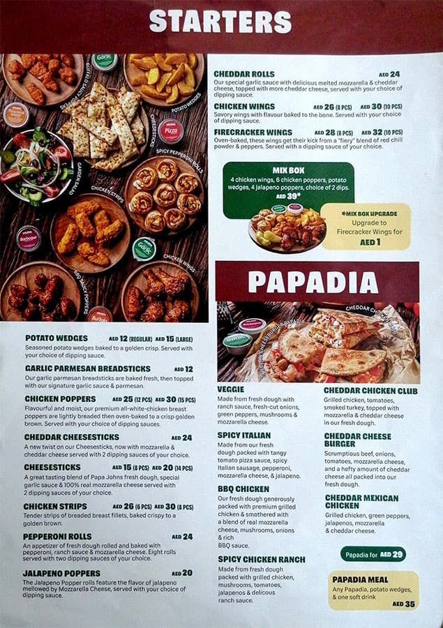 Menu of Papa Johns Pizza, Khalidiyah Mall, Al Khalidiya, Abu Dhabi