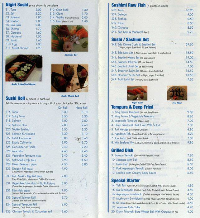 Menu at Edo restaurant, London