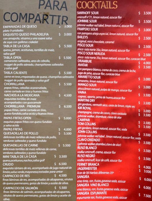 Open Bar menu
