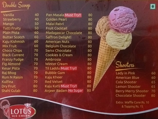 Lotus Ice Cream Menu Menu For Lotus Ice Cream Sector 28 Chandigarh