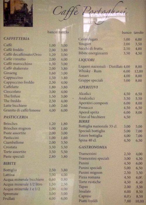 Menu di Caffè Portoghesi 