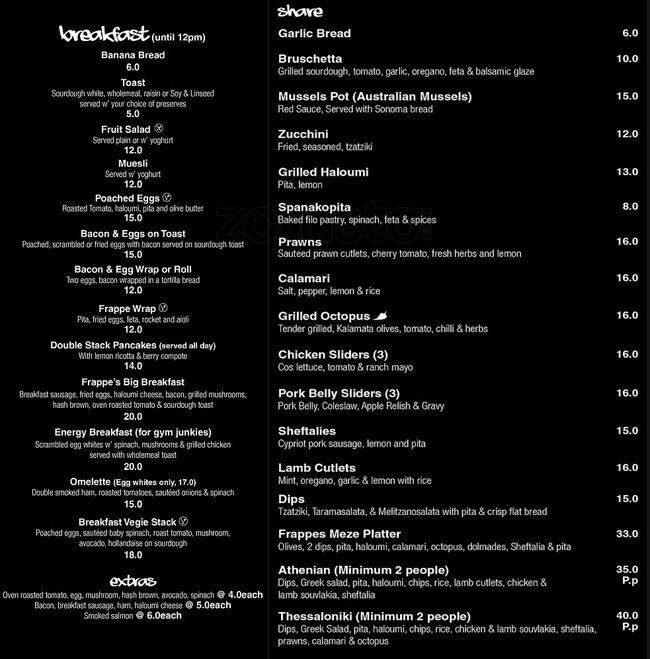 Frappe Cafe Bar Menu, Menu for Frappe Cafe Bar, Crows Nest, Sydney