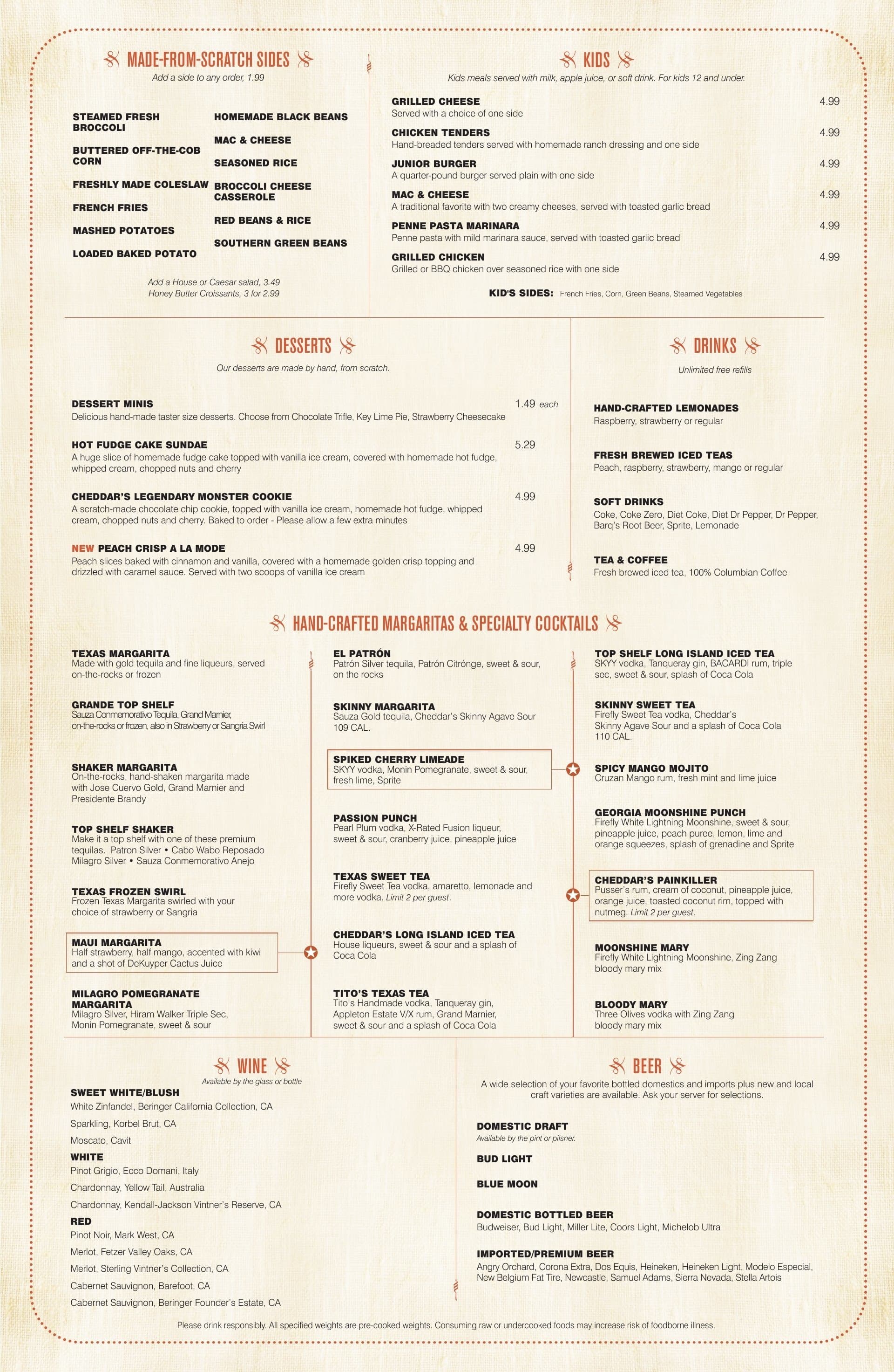 Cheddar's Menu Printable Version