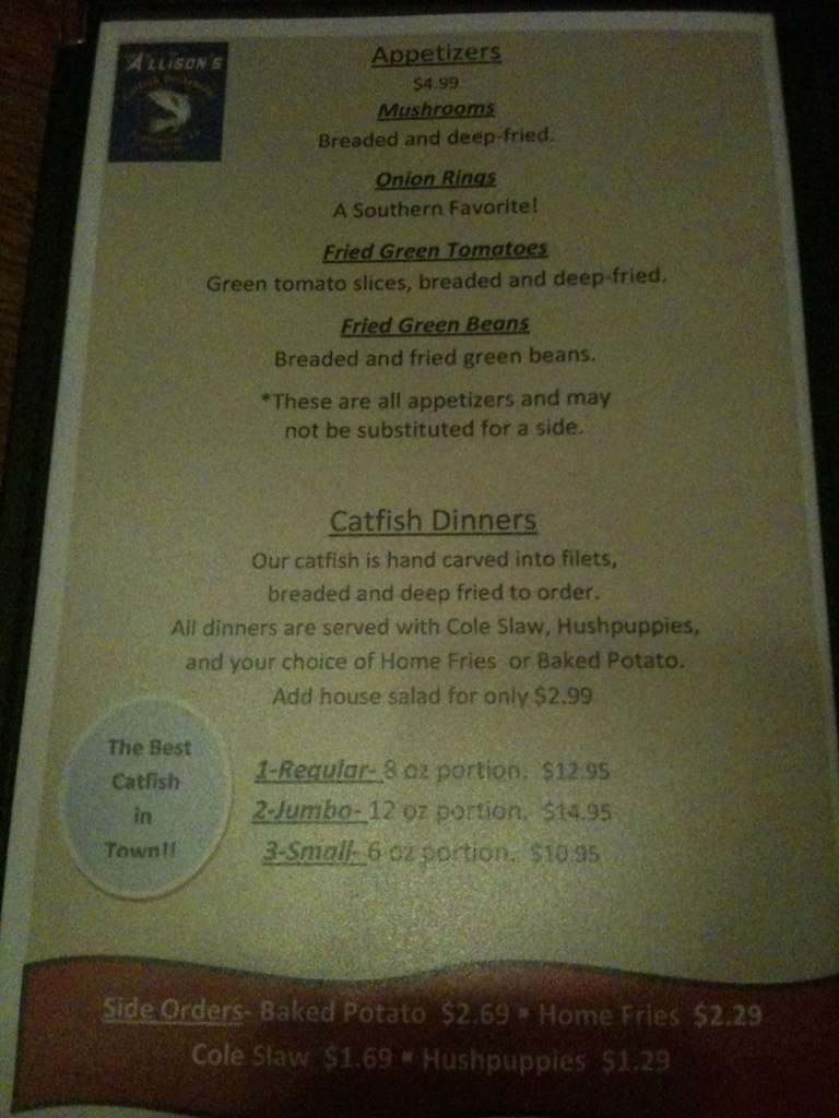 Allison Catfish Farm menu, Menu restauracji Allison Catfish Farm