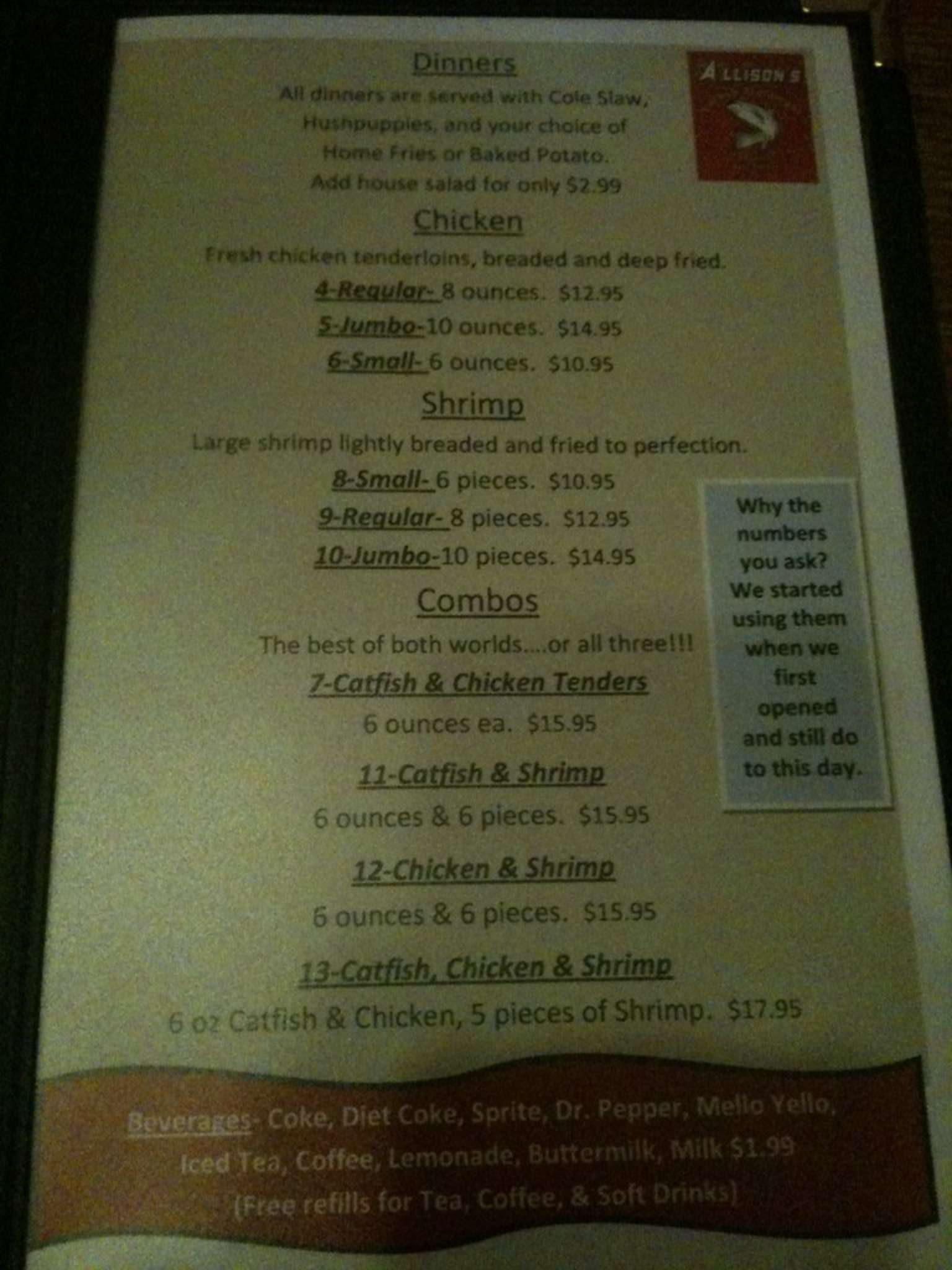 Menu at Allison Catfish Farm & Restaurant, Friendsville