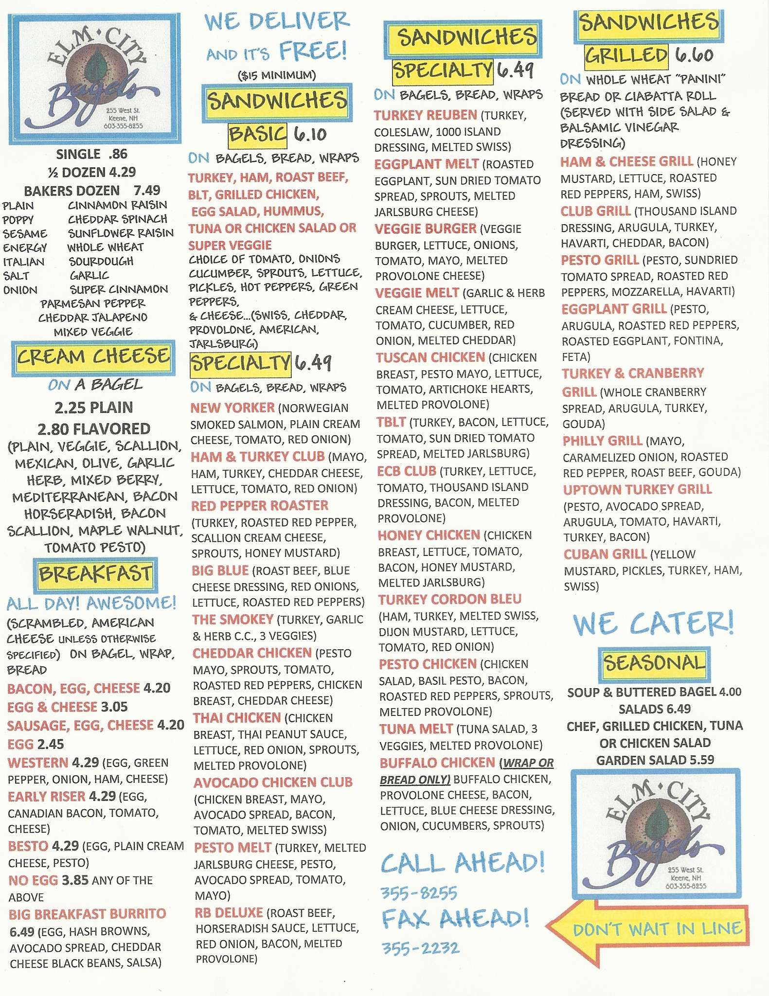 Elm City Bagels Menu, Menu for Elm City Bagels, Keene, Keene