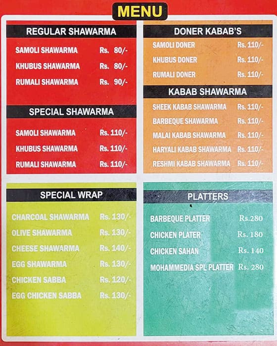 Menu at Mohammedia Shawarma, Hyderabad, 10-3-761/B