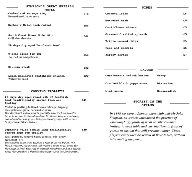 Menu at Simpson's in The Strand restaurant, London