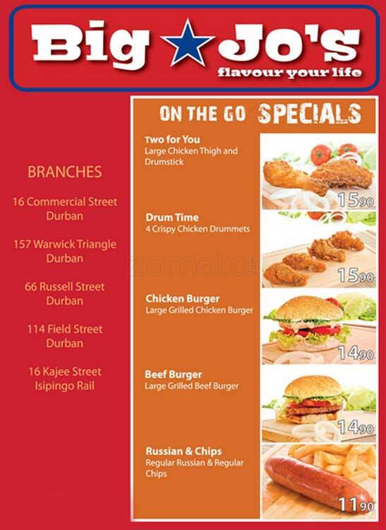 Menu at Big Jo's restaurant, Durban, Shop 10 Victoria St