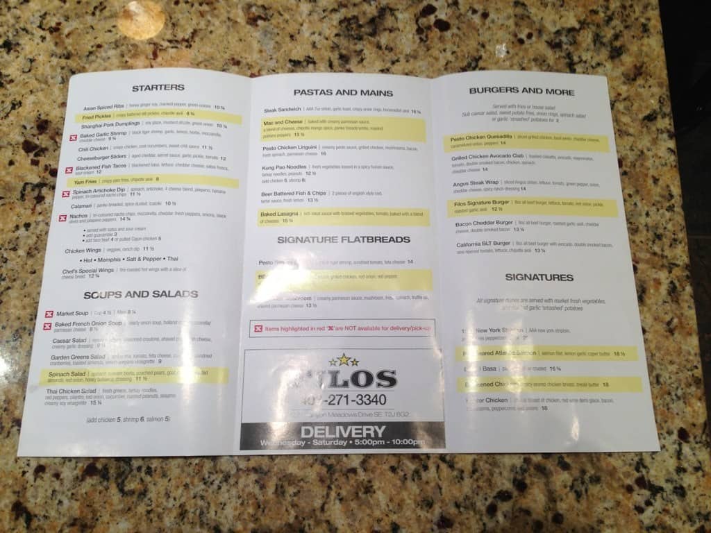 Menu at Filos Restaurant & Lounge, Calgary