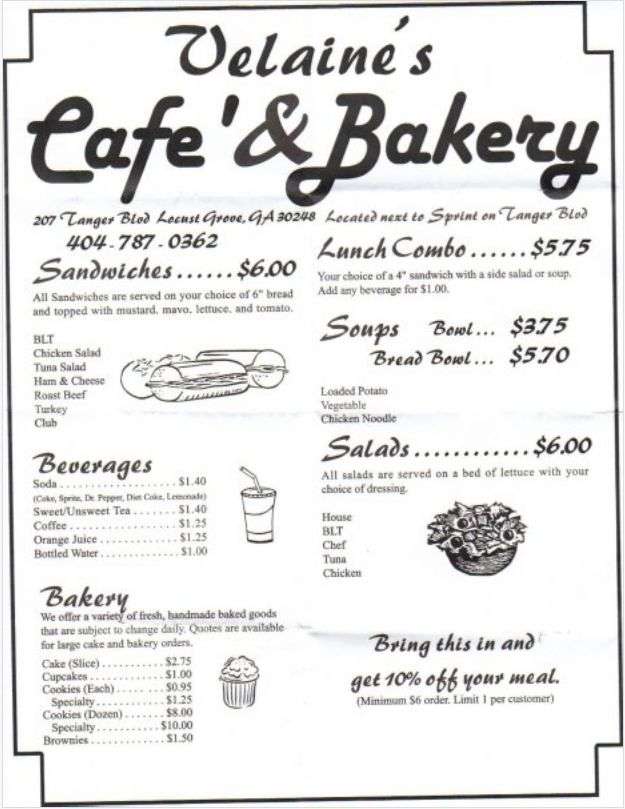 Velaine's Cafe and Bakery Menu Urbanspoon/Zomato