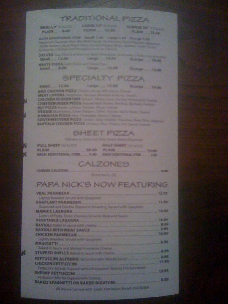 Menu at Papa Nick's Pizza & Pasta pizzeria, Cleveland