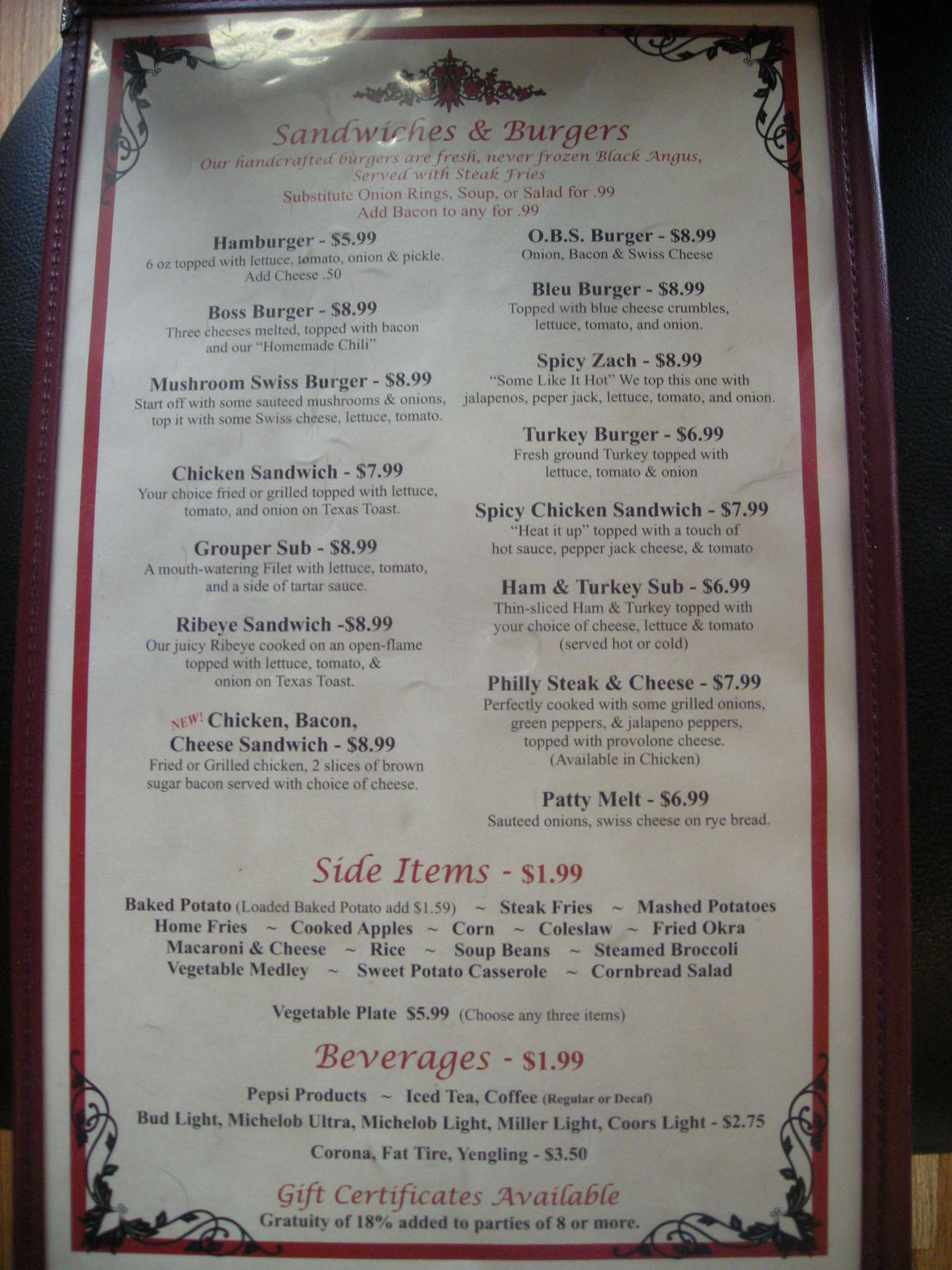 Menu at Zachary's steakhouse, Kingsport