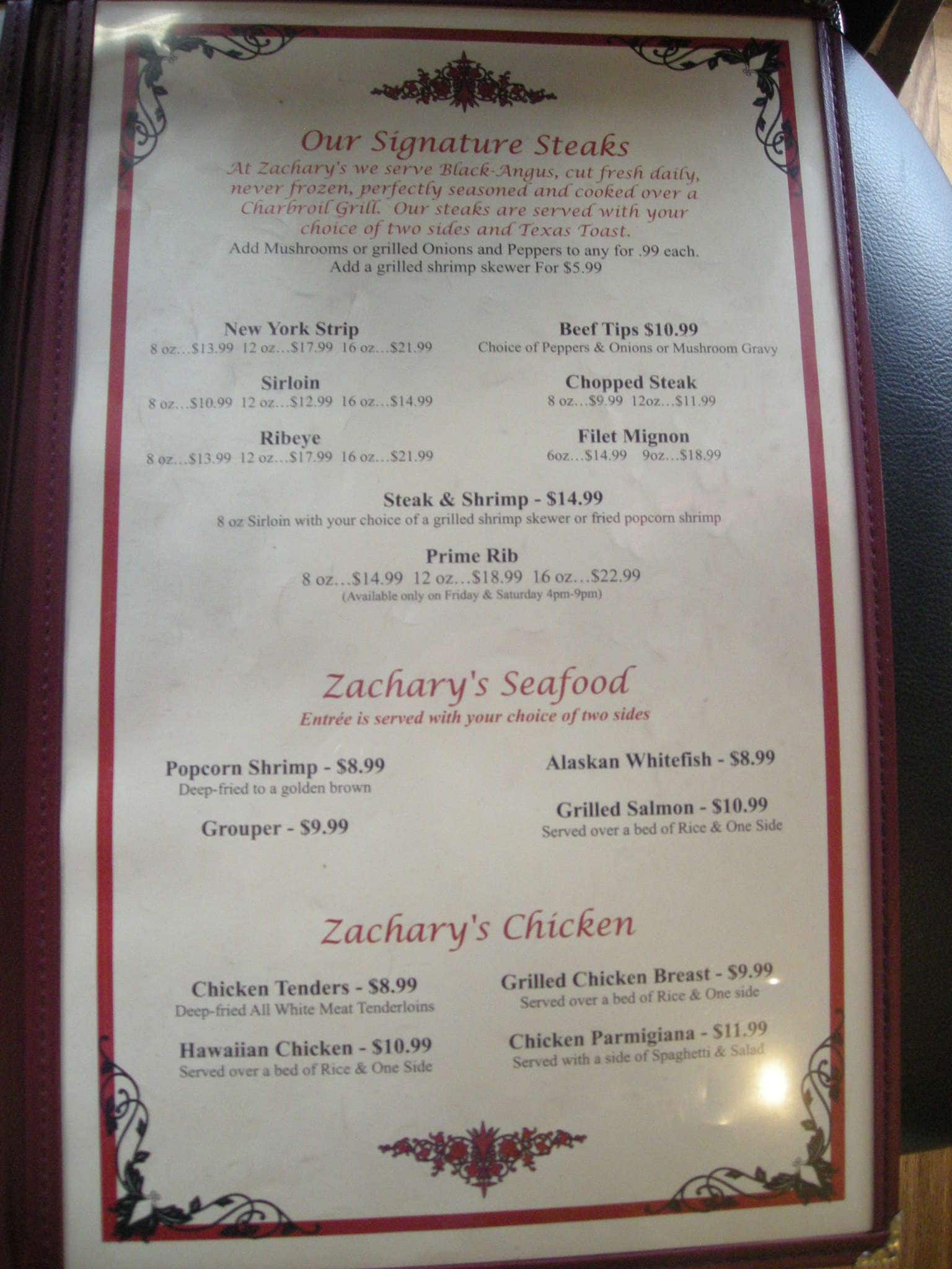 Menu at Zachary's steakhouse, Kingsport