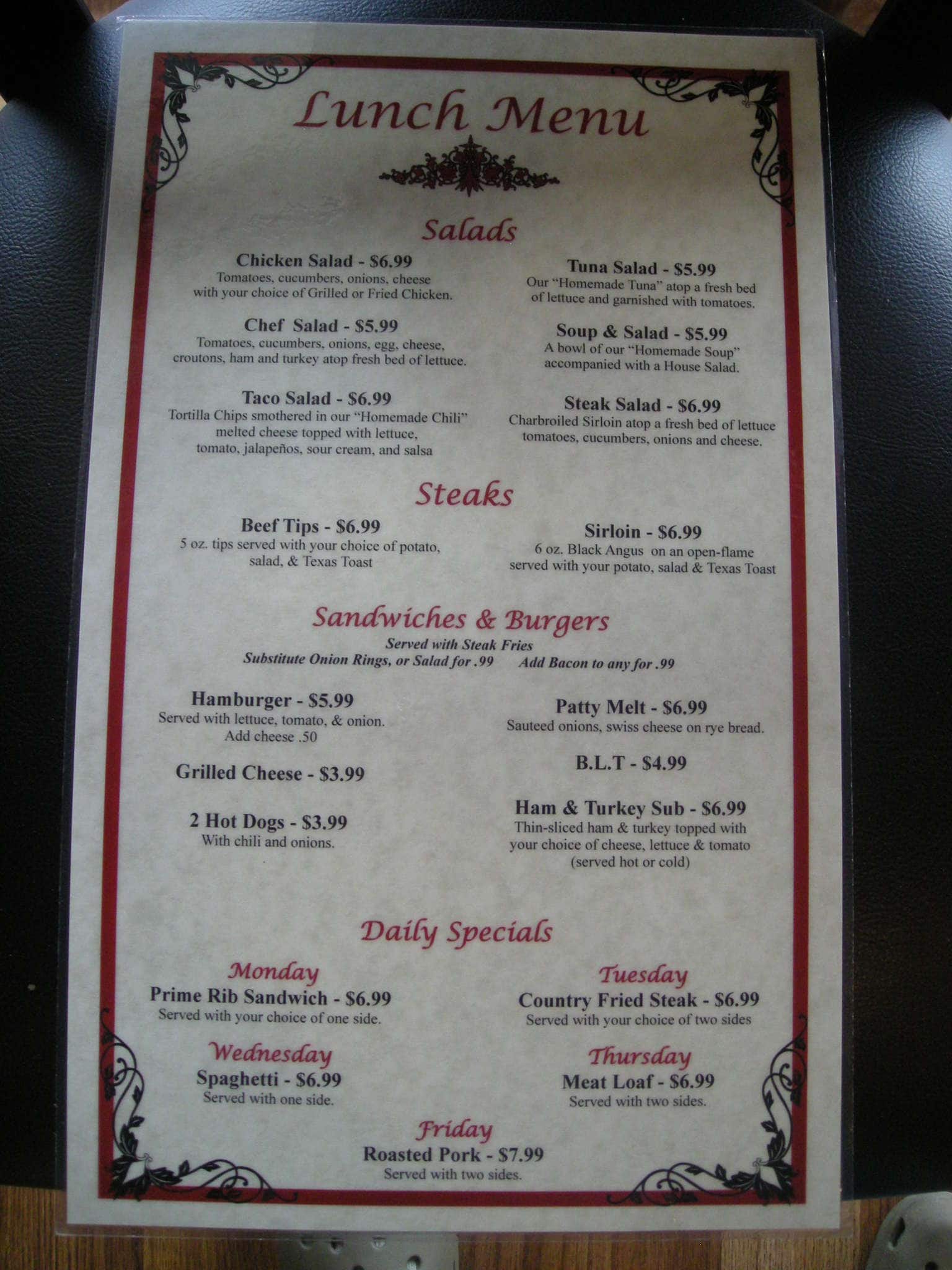 Menu at Zachary's steakhouse, Kingsport