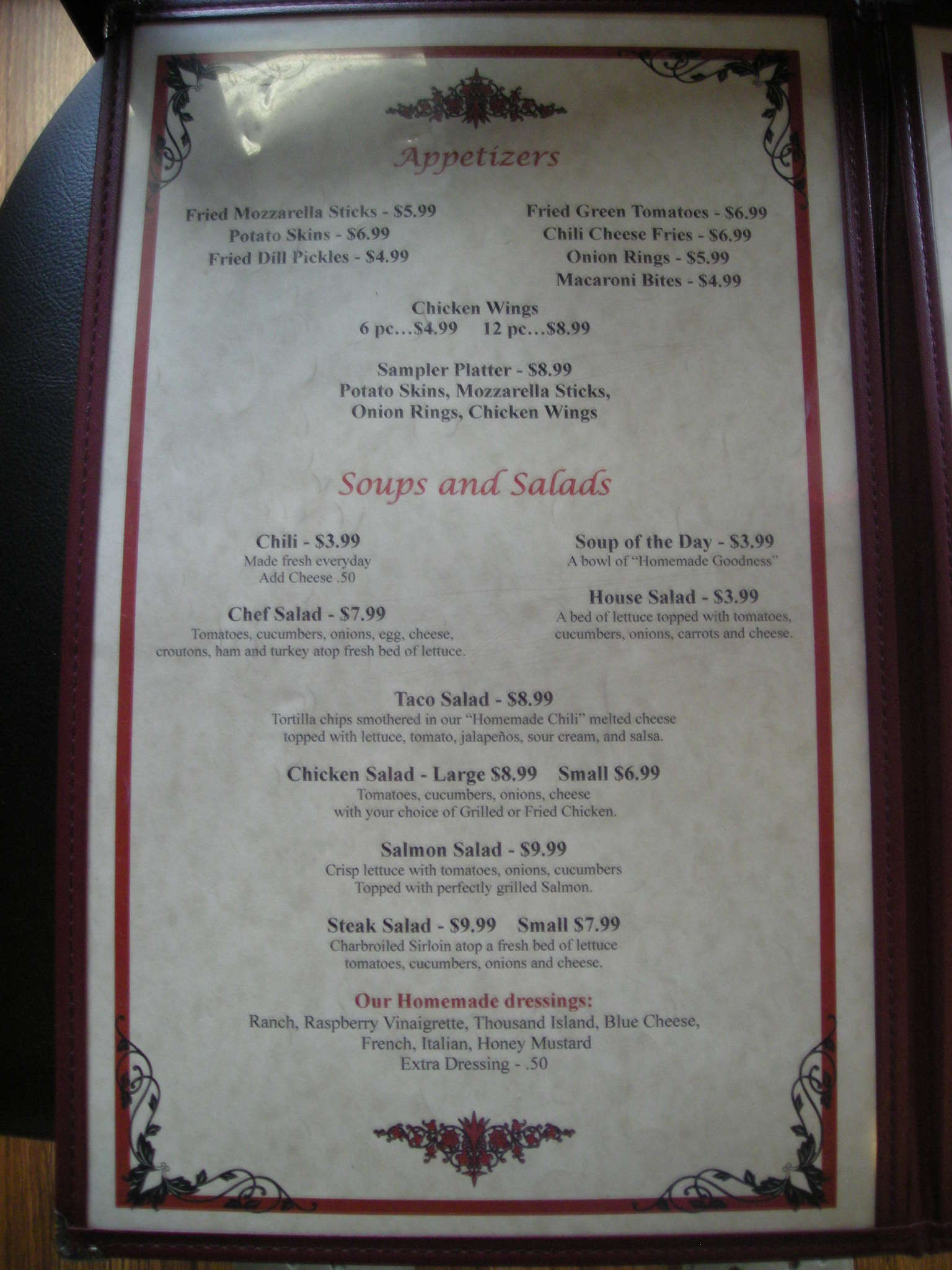Menu at Zachary's steakhouse, Kingsport