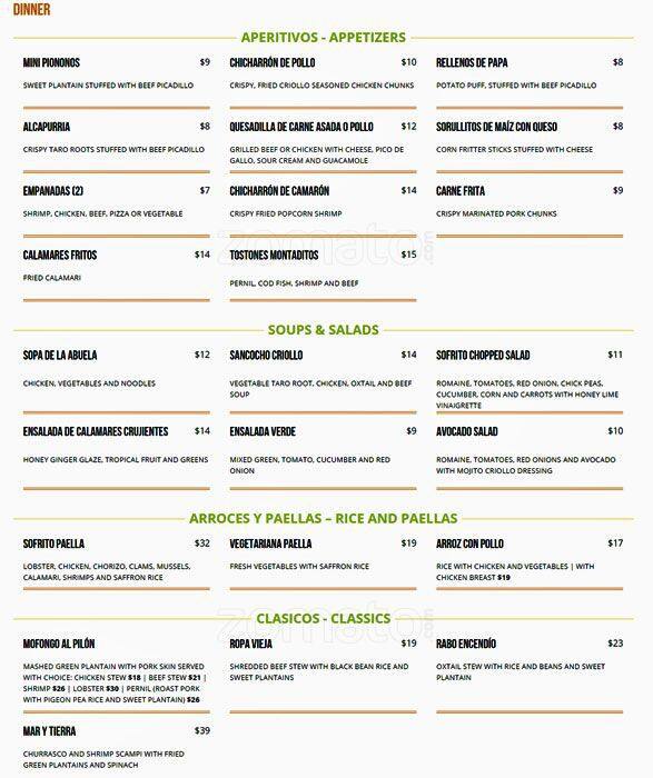 Sofrito menu, Menu restauracji Sofrito, Harlem, New York City
