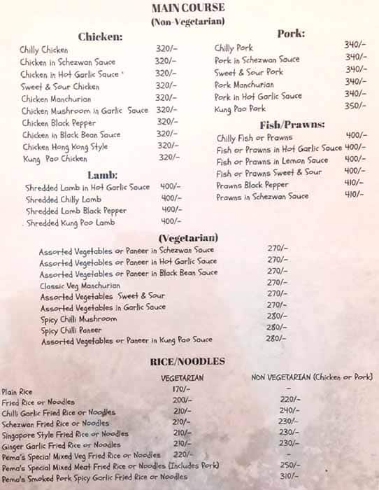 Pema's menu