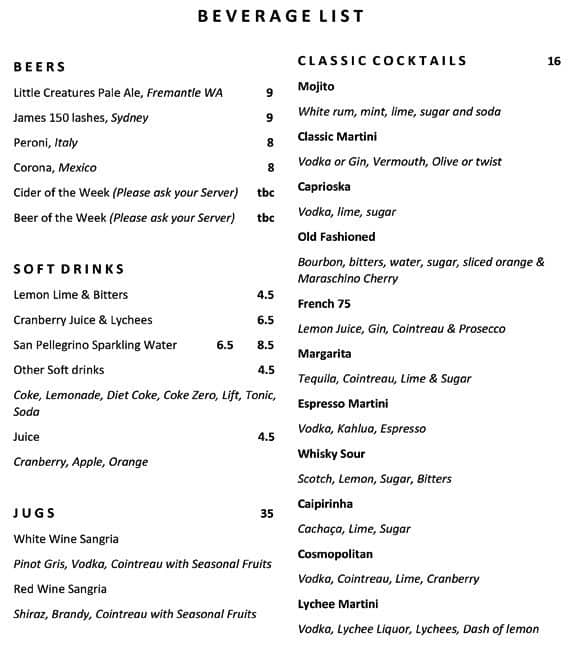 Menu at Sydney Dance Cafe, Dawes Point, 15/17 Hickson Rd