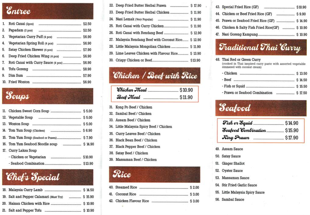 Menu at Little Malaysia Restaurant, West End