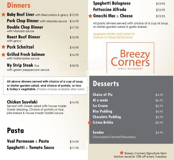 Menu at Breezy Corners Freelton restaurant, Hamilton, Hwy 6