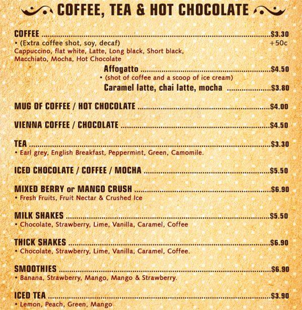 Menu at Ziggy's cafe, Glebe