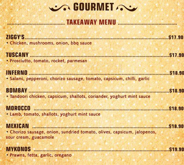 Menu at Ziggy's cafe, Glebe