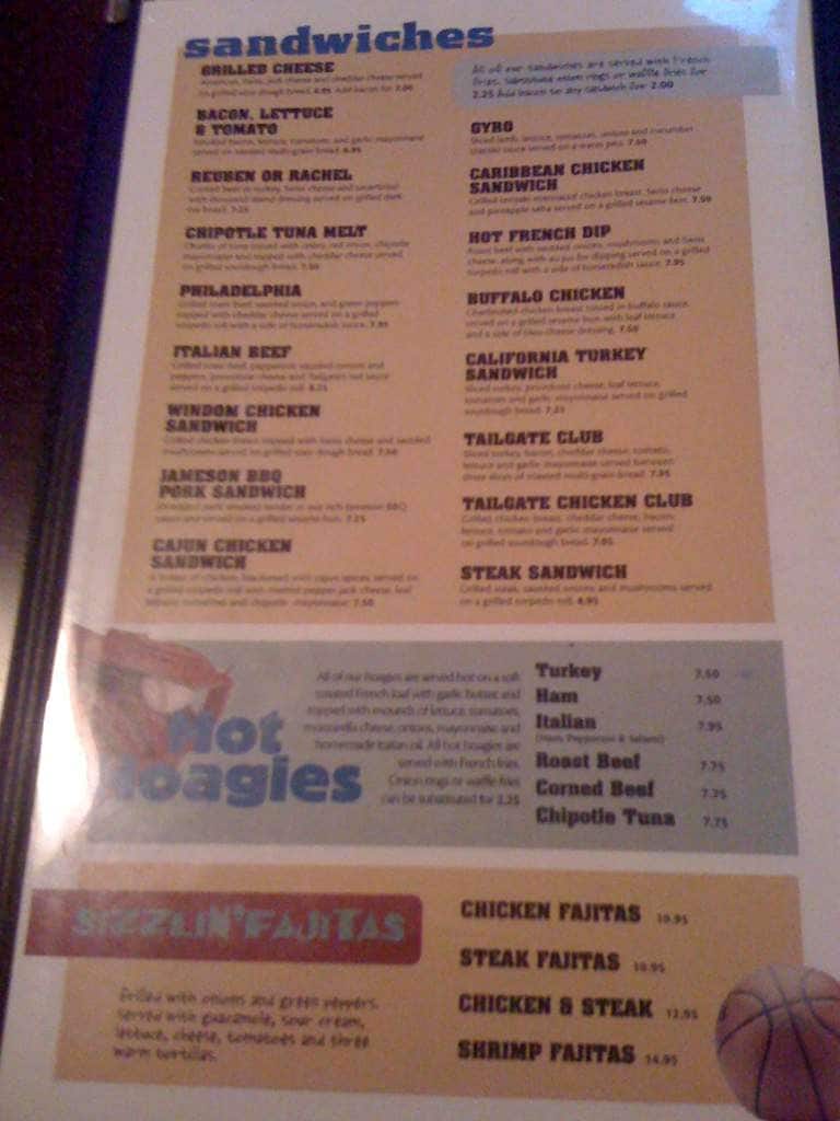 Menu at Tailgate Sports Cafe, Minneapolis