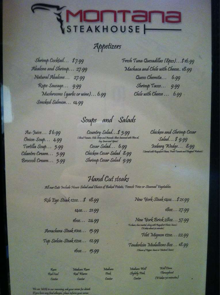 Montana Steakhouse Menu, Menu for Montana Steakhouse, Westside, El Paso