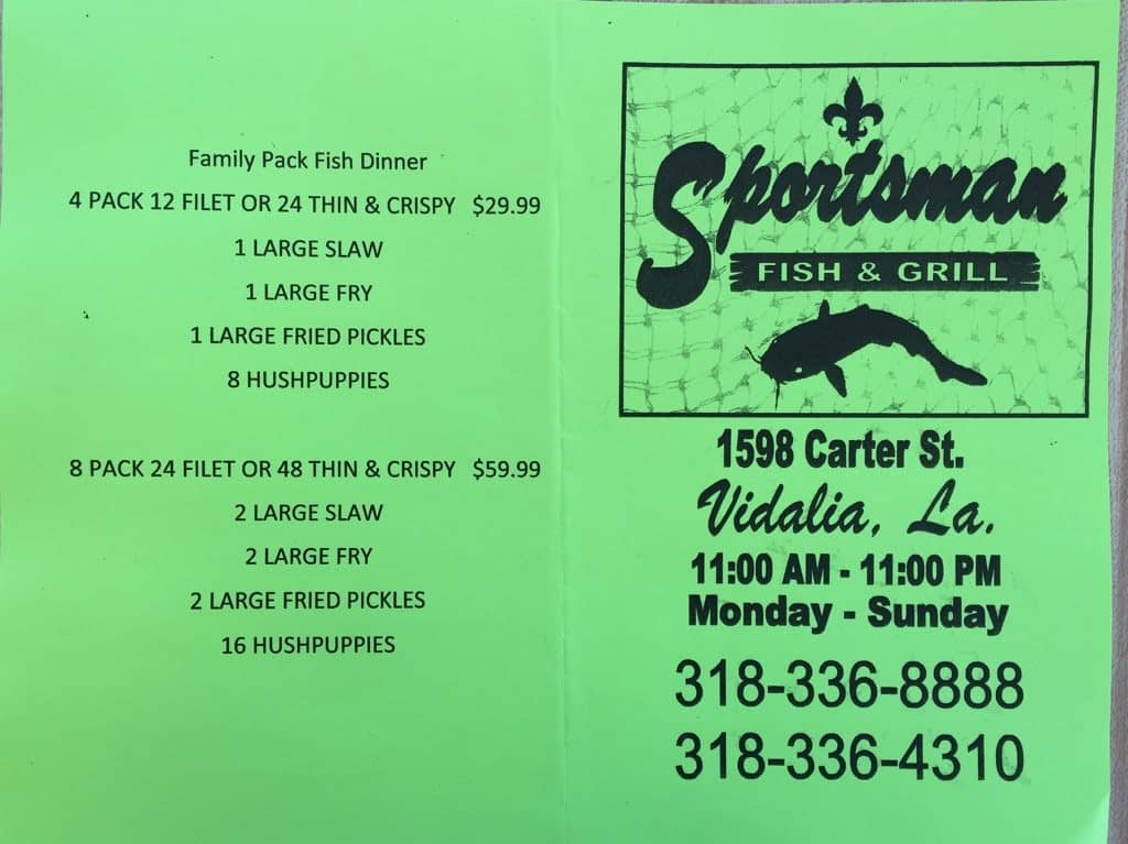 Menu at Sportsman Fish & Grill restaurant, Vidalia