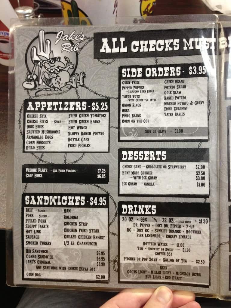 Menu at Jake's Rib BBQ, Chickasha