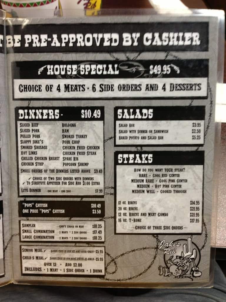 Menu at Jake's Rib BBQ, Chickasha