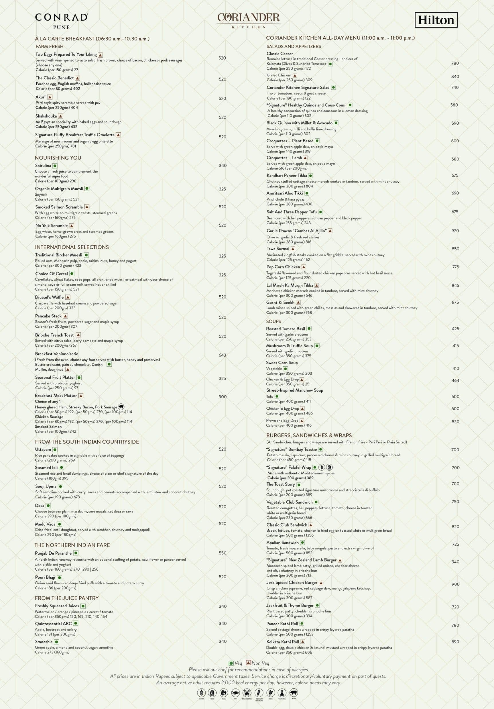 Menu of Coriander Kitchen Conrad Pune, Bund Garden Road, Pune