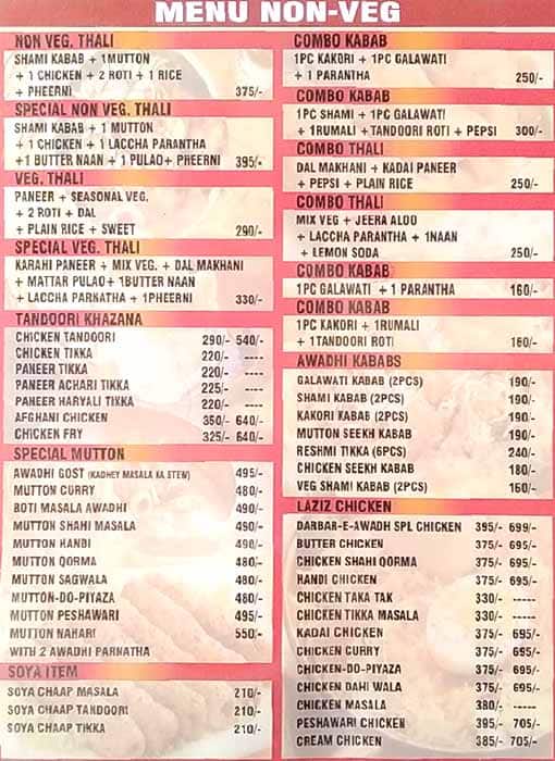 Menu of Darbar E Awadh, INA, New Delhi
