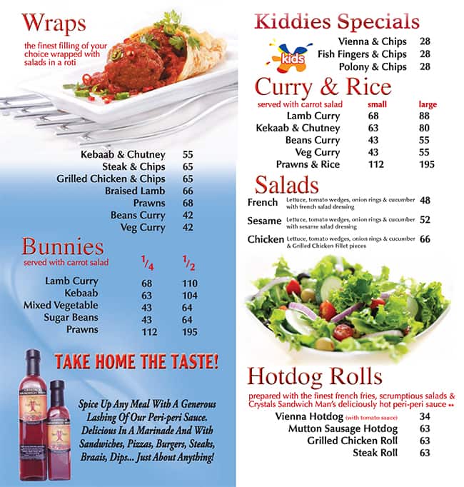 Menu at Crystals Sandwich Man fast food, Durban