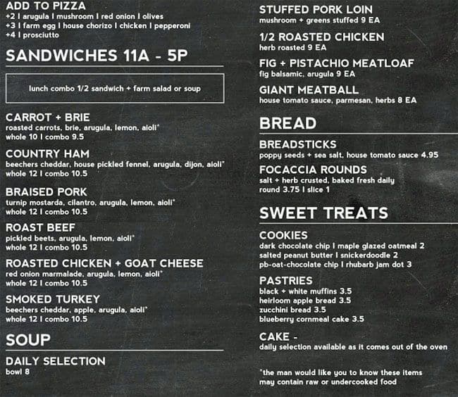 Menu at DERU pizzeria, Kirkland