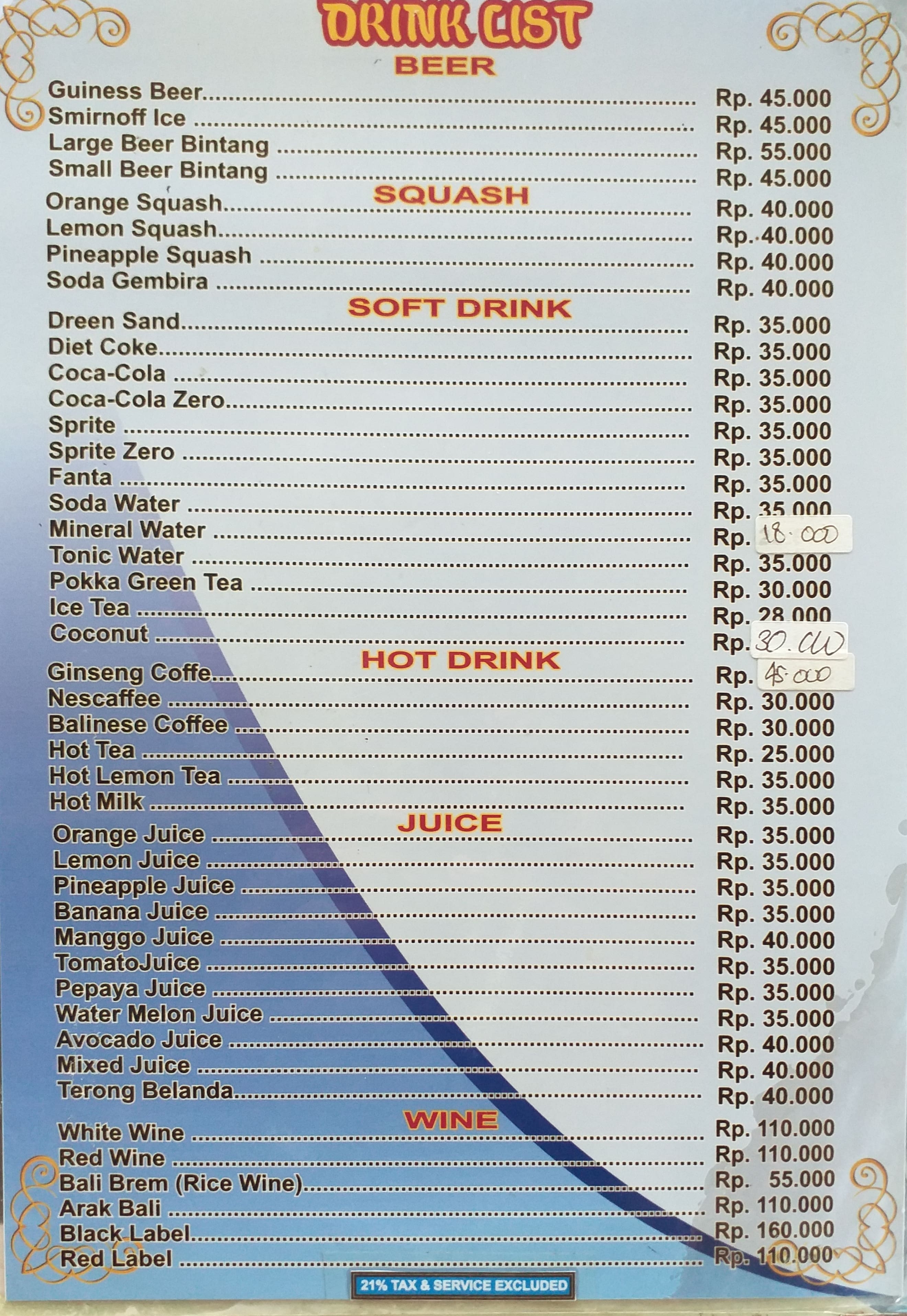 Menu at Rumah Makan Tepi Danau, Kintamani