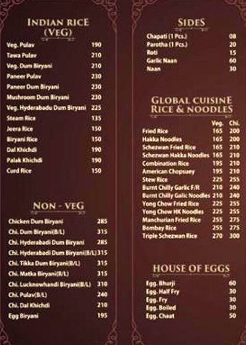Menu Of Indique Vasai Mumbai