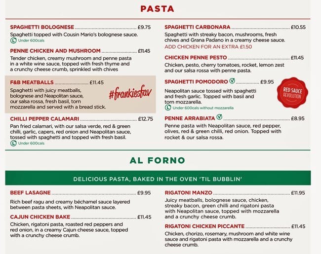 Menu At Frankie And Bennys Restaurant Wembley Unit 100 London Designer