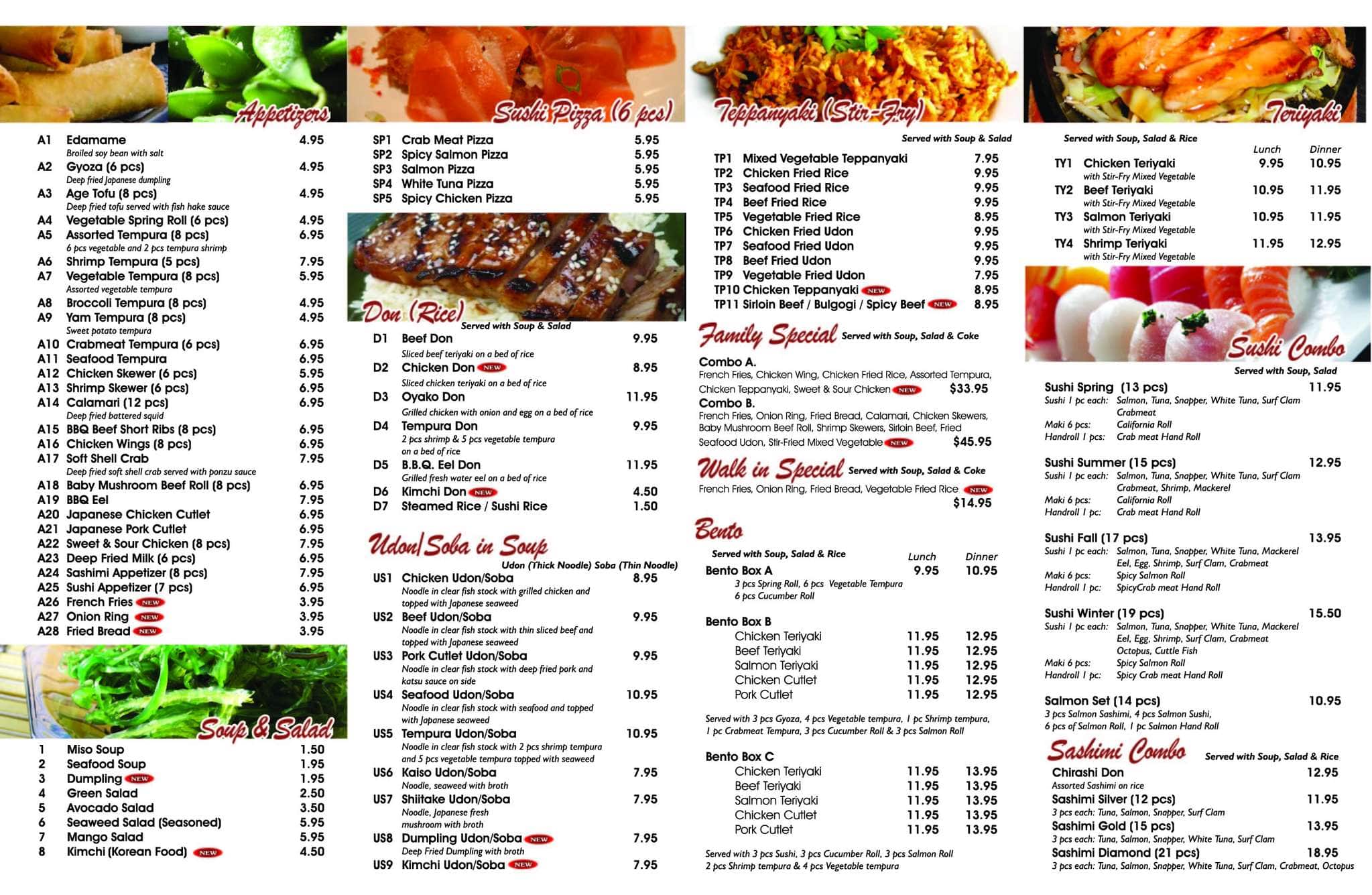 Menu at Tokyo Sushi restaurant, ChathamKent