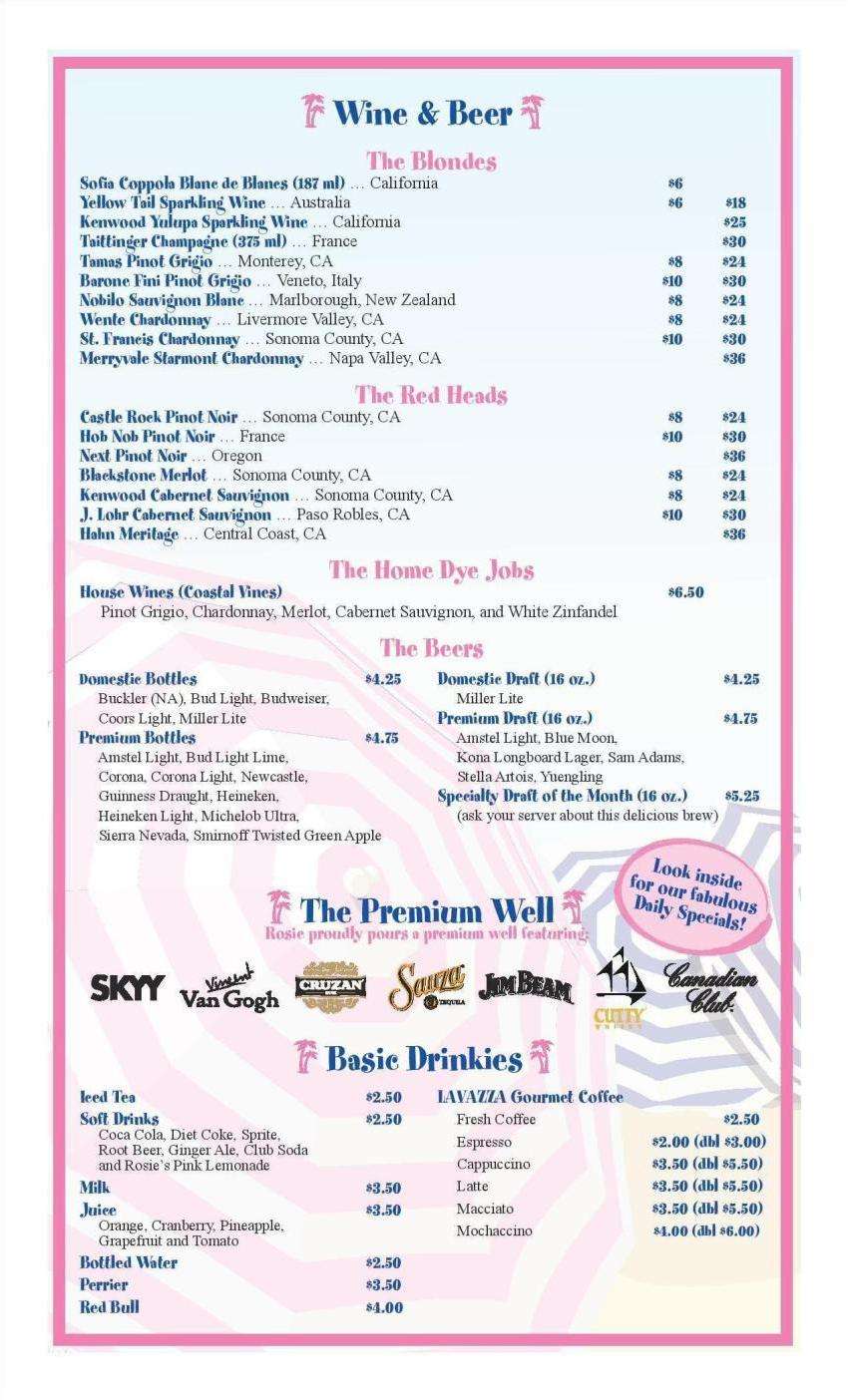 Menu at Rosie's Bar & Grill, Wilton Manors