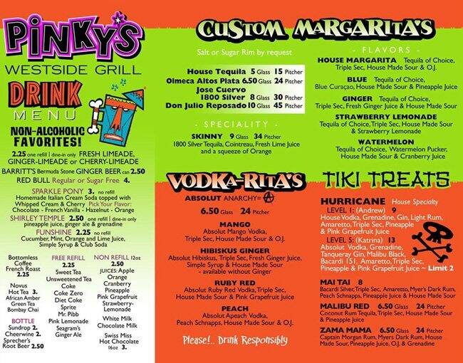 Menu at Pinky's Westside Grill restaurant, Charlotte, W Morehead St