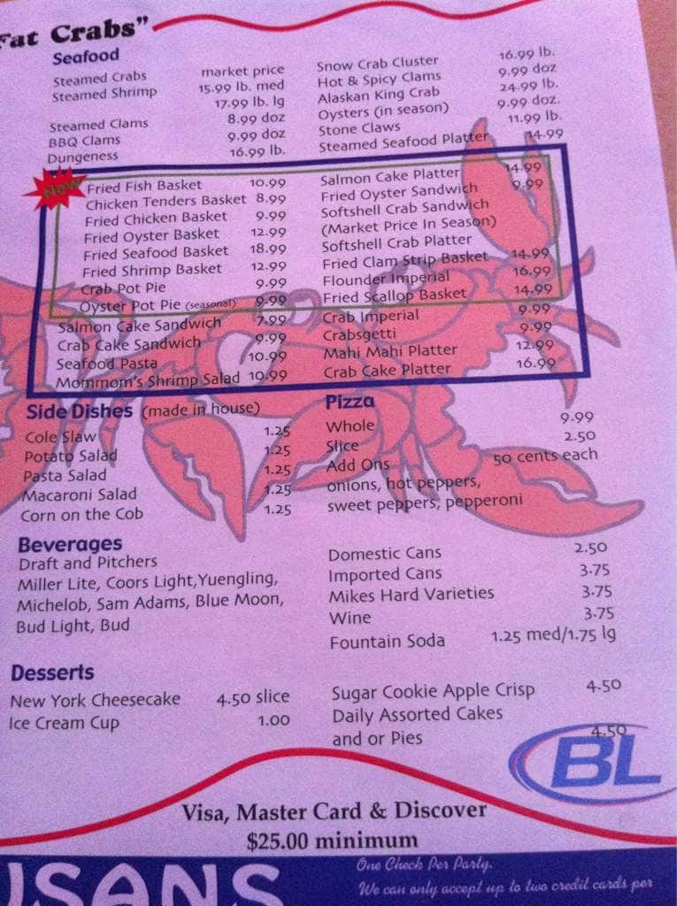 Menu at Lazy Susan's restaurant, Lewes