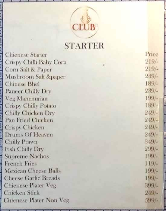 Menu of Club 21, Chinar Park, Kolkata