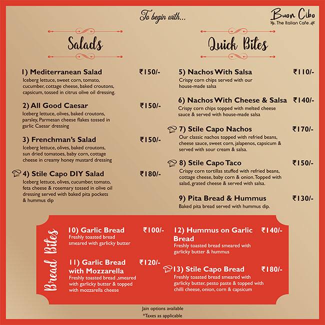 Buon Cibo The Italian Cafe Menu Zomato