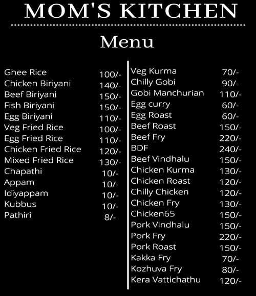Menu of Mom's Kitchen, Vyttila, Kochi