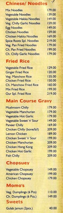Spice Roots menu