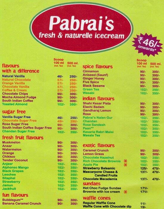 Ice Pyali Menu Pabrai's Fresh and Naturelle Ice Creams Menu - Zomato