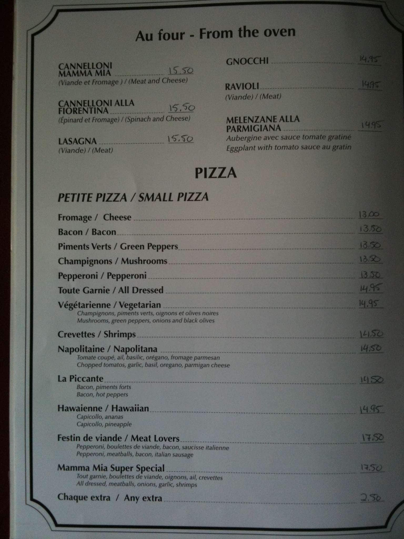 Menu at Mamma Mia Pizzeria, Montreal