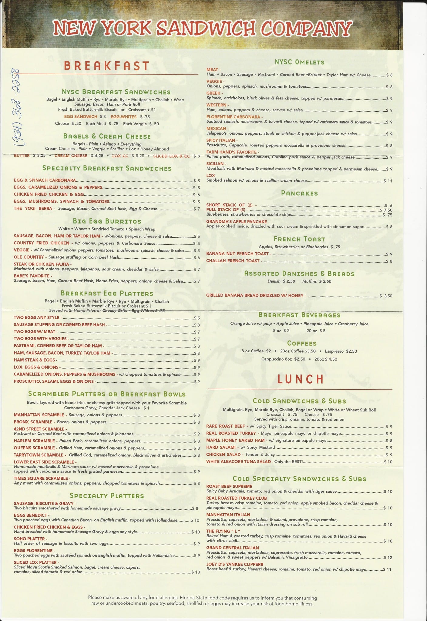 Menu at New York Sandwich Company, Oakland Park